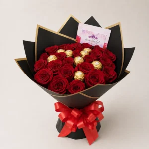 Bouquet con rosas y chocolates