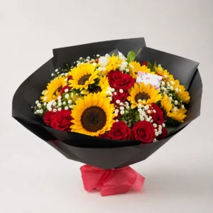 Bouquet girasol y rosas rojas