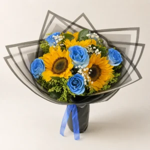 Bouquet de gírales con rosas azules