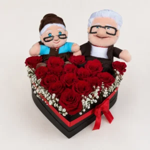 Corazón rosas rojas y peluches
