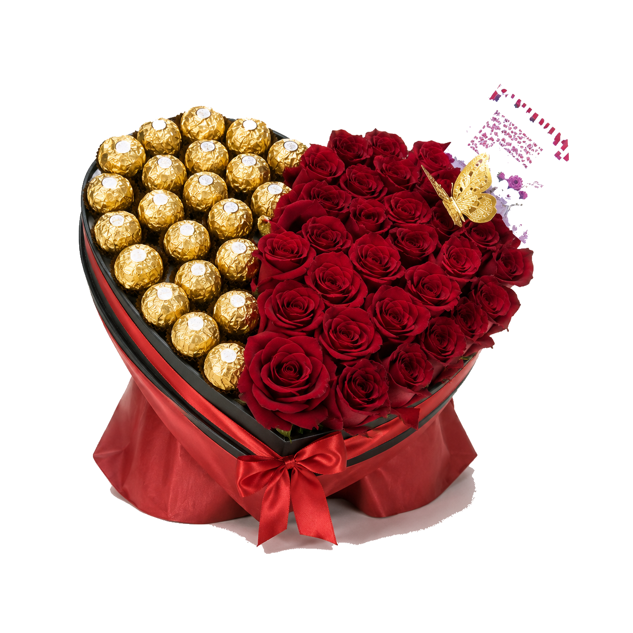 Arreglo de rosas rojas y chocolates en forma de corazón