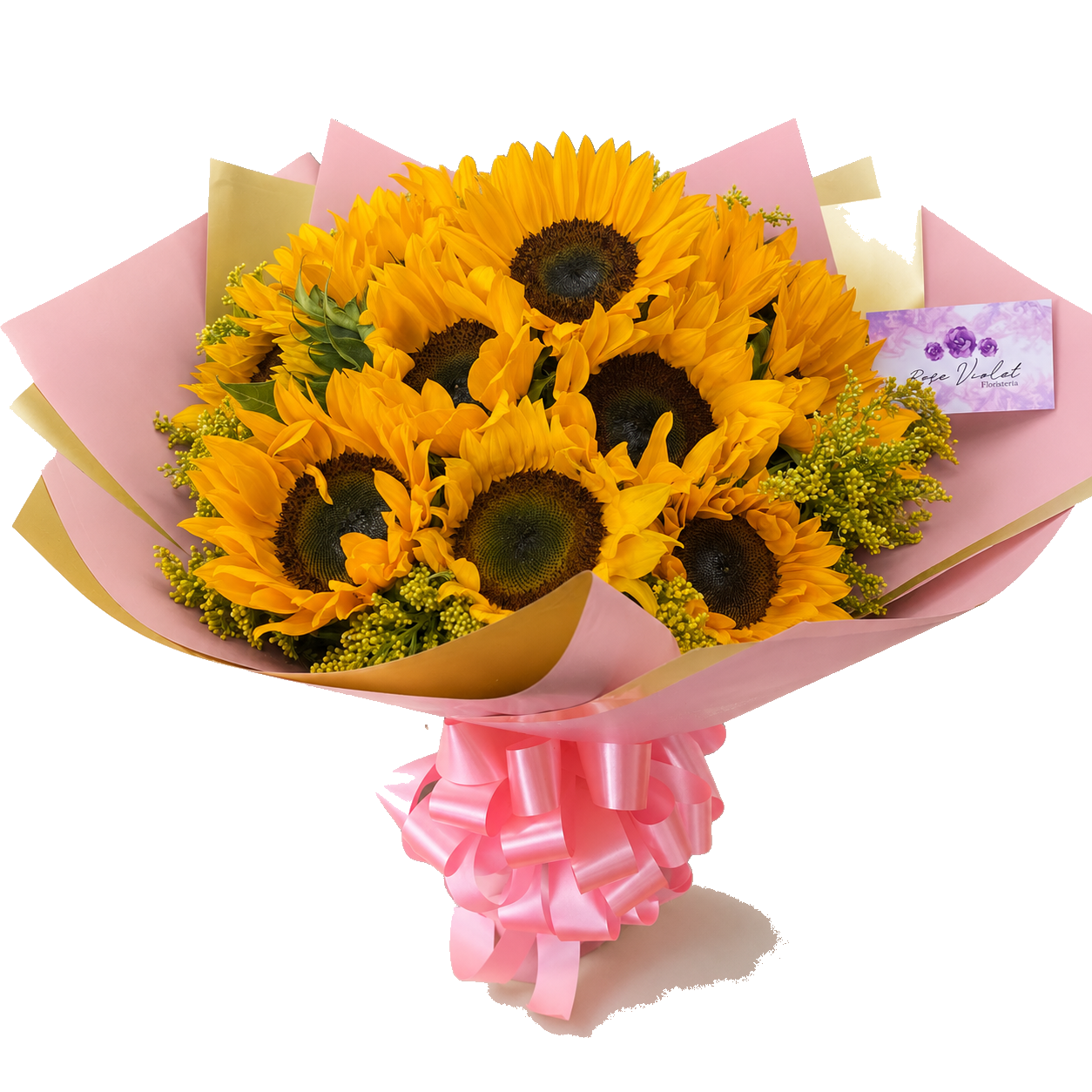 Ramo de girasoles con envoltura rosada